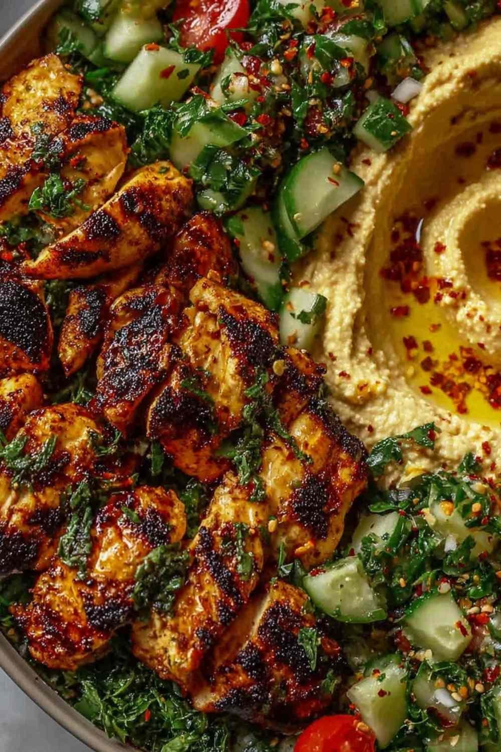 Overhead view of a lemon chili grilled chicken bowl with creamy hummus, fresh cucumber salad, and chopped parsley