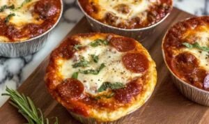 Individual Pizza Pot Pies baked in ramekins with a golden flaky crust and bubbling melted mozzarella cheese