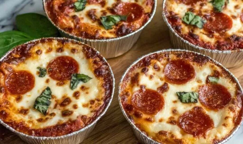 Individual Pizza Pot Pies baked in ramekins with a golden flaky crust and bubbling melted mozzarella cheese