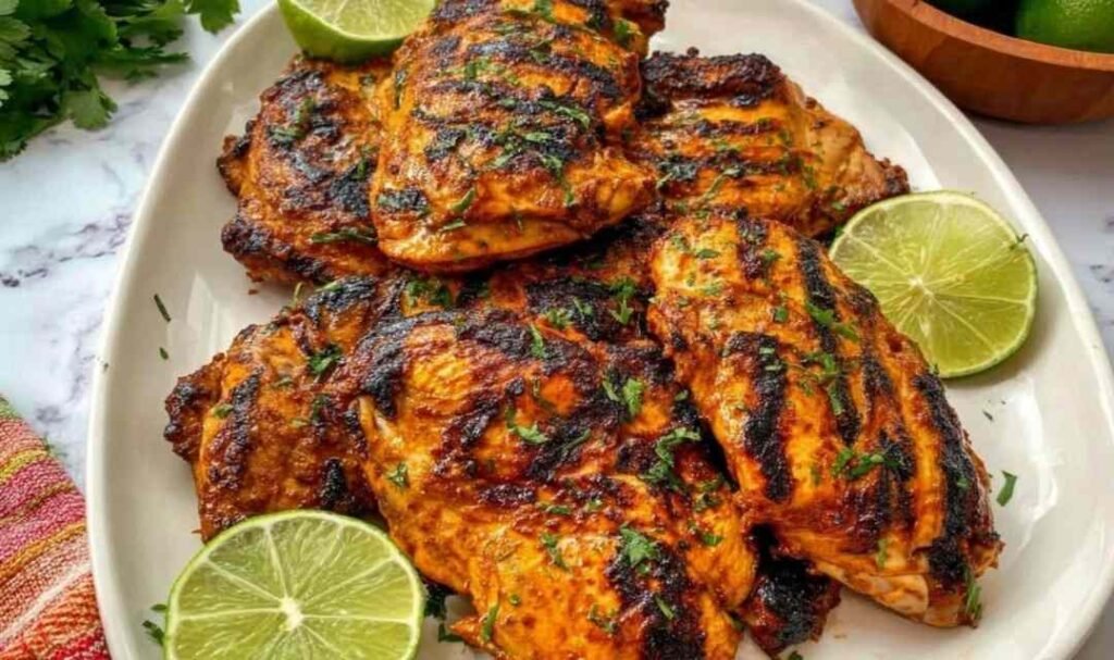 Pollo asado Chipotle copycat chicken thighs on a grill with dark char marks and smoky chipotle marinade glaze