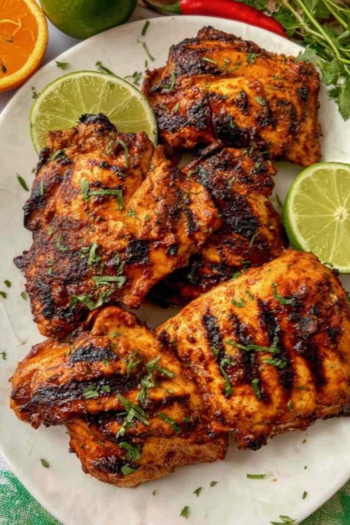 Pollo asado Chipotle copycat chicken thighs on a grill with dark char marks and smoky chipotle marinade glaze