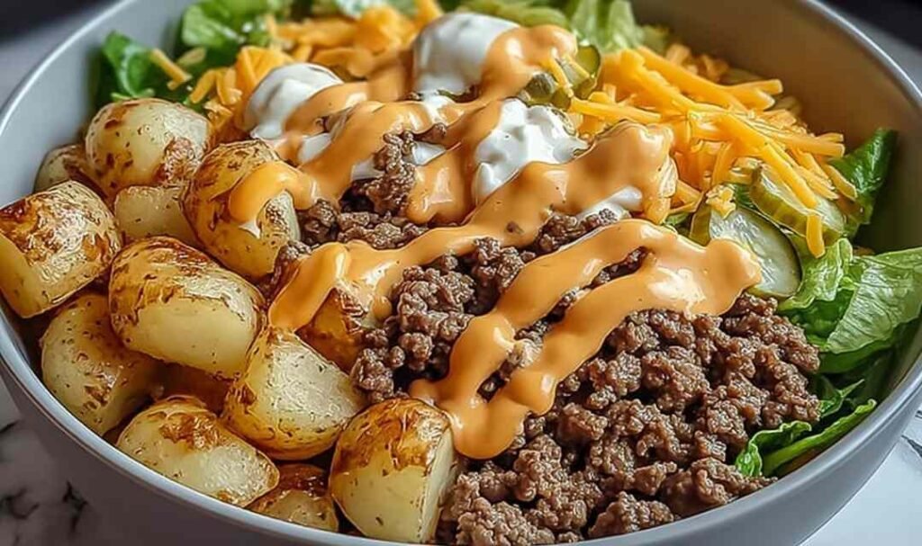 Smash burger bowl with crispy smashed beef, golden air-fried potatoes, caramelized onions, melted cheese, and special sauce in a white bowl
