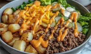 Smash Burger Bowl Smash burger bowl with crispy smashed beef, golden air-fried potatoes, caramelized onions, melted cheese, and special sauce in a white bowl