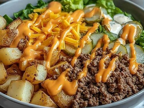 Smash burger bowl with crispy smashed beef, golden air-fried potatoes, caramelized onions, melted cheese, and special sauce in a white bowl