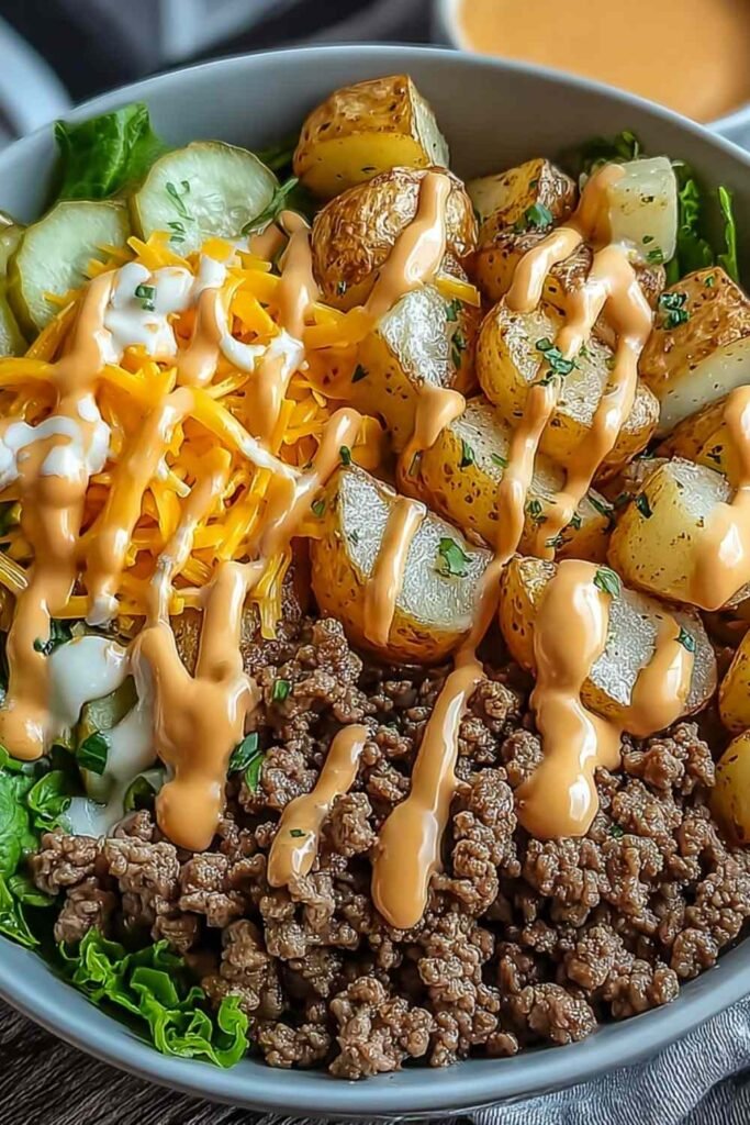 Smash burger bowl with crispy smashed beef, golden air-fried potatoes, caramelized onions, melted cheese, and special sauce in a white bowl