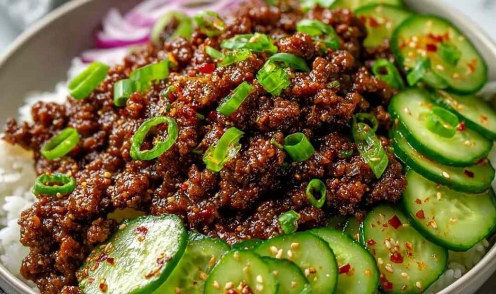 Spicy keto Korean ground beef in a bowl with gochujang sauce served alongside a fresh cucumber salad with sesame seeds