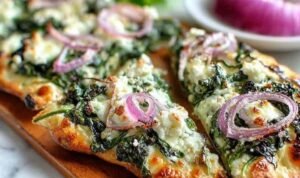 Spinach and feta flatbread pizza with melted mozzarella, crumbled feta, fresh spinach, and sliced red onion on a crispy flatbread crust