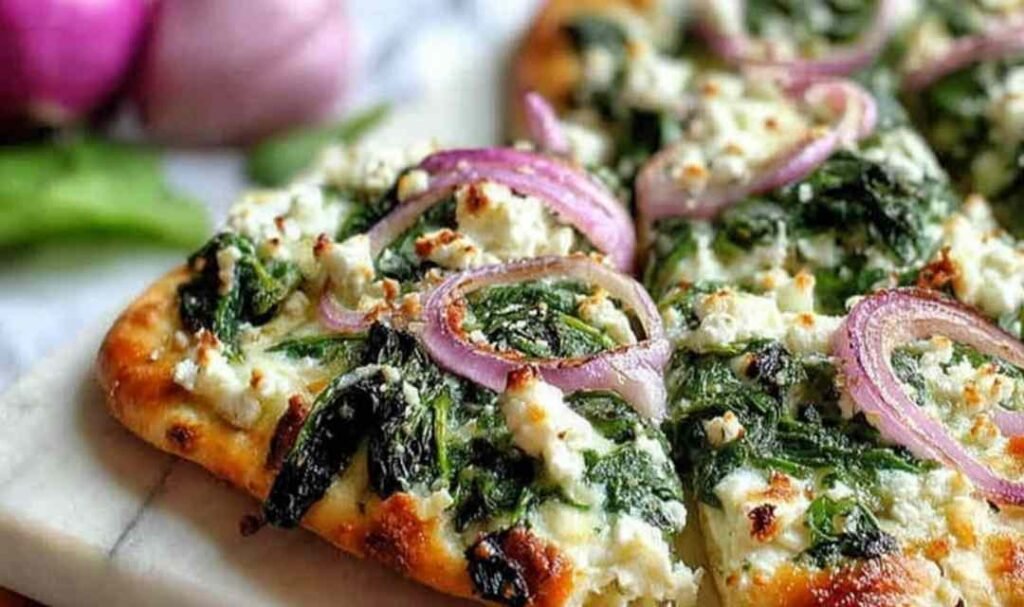 Spinach and feta flatbread pizza with melted mozzarella, crumbled feta, fresh spinach, and sliced red onion on a crispy flatbread crust