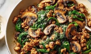 Turkey Spinach Mushroom Skillet with creamy Parmesan sauce, crumbled ground turkey, and wilted spinach in a large skillet