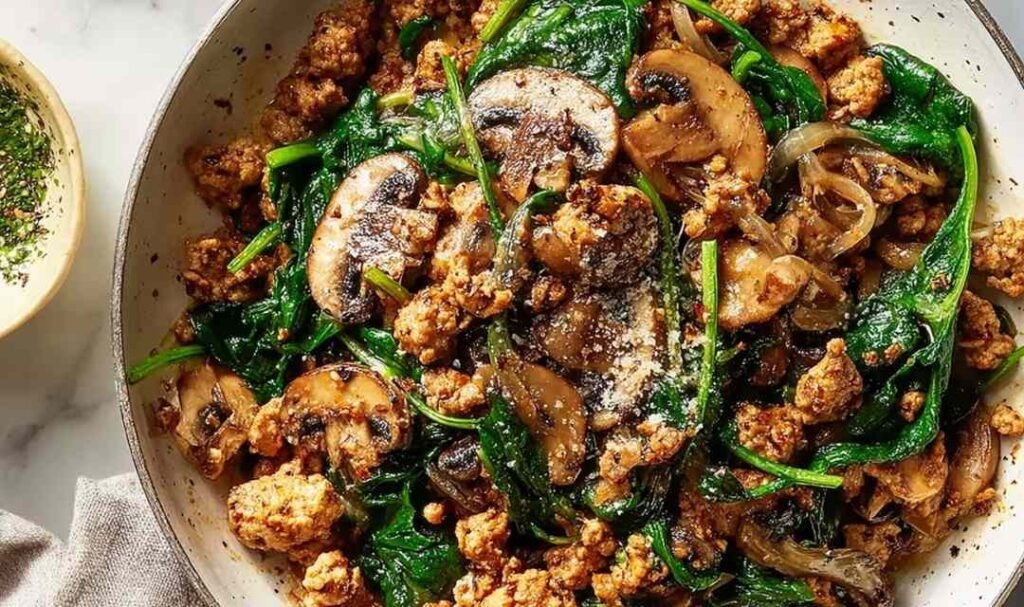 Turkey Spinach Mushroom Skillet with creamy Parmesan sauce, crumbled ground turkey, and wilted spinach in a large skillet