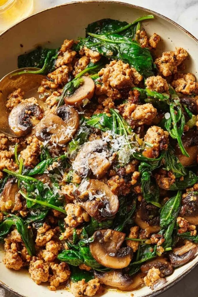 Turkey Spinach Mushroom Skillet with creamy Parmesan sauce, crumbled ground turkey, and wilted spinach in a large skillet